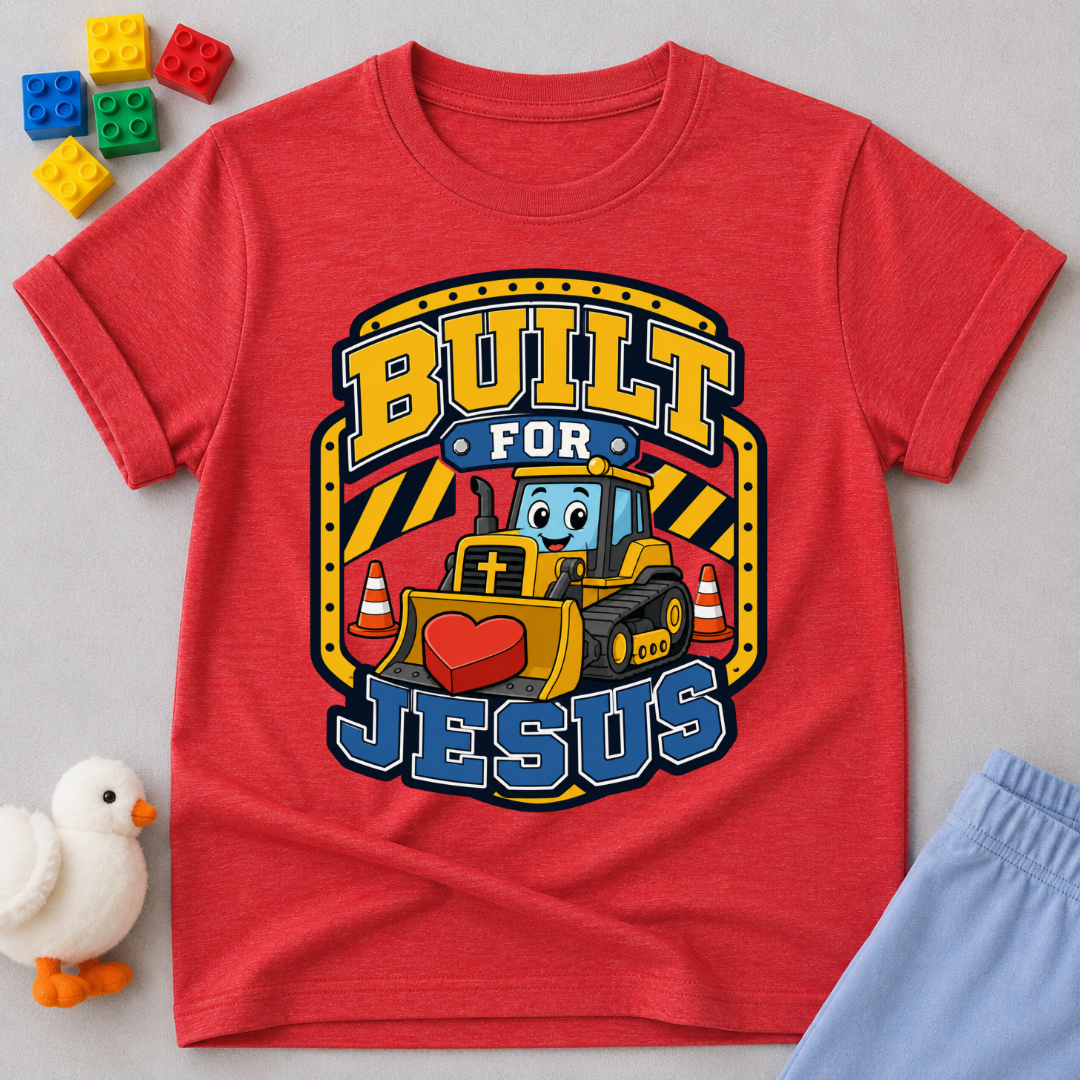 Built for Jesus Crew Christian kids shirt in red featuring construction equipment and bold lettering

