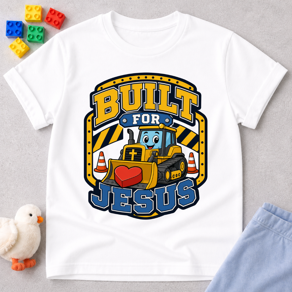 Built for Jesus Crew Christian kids shirt in white featuring construction equipment and bold lettering
