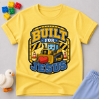 Built for Jesus Crew Christian kids shirt in yellow featuring construction equipment and bold lettering
