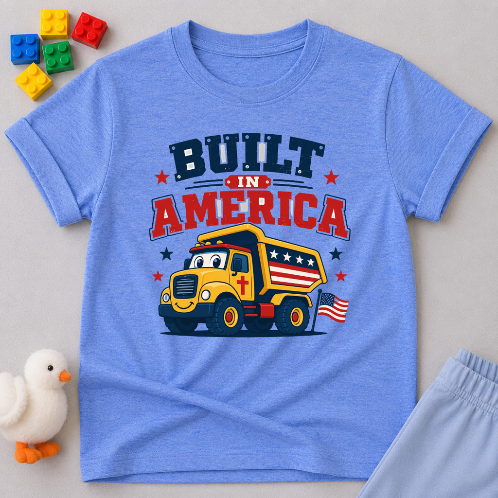 Built in America Truck Shirt Christian kids shirt in blue featuring a patriotic construction truck
