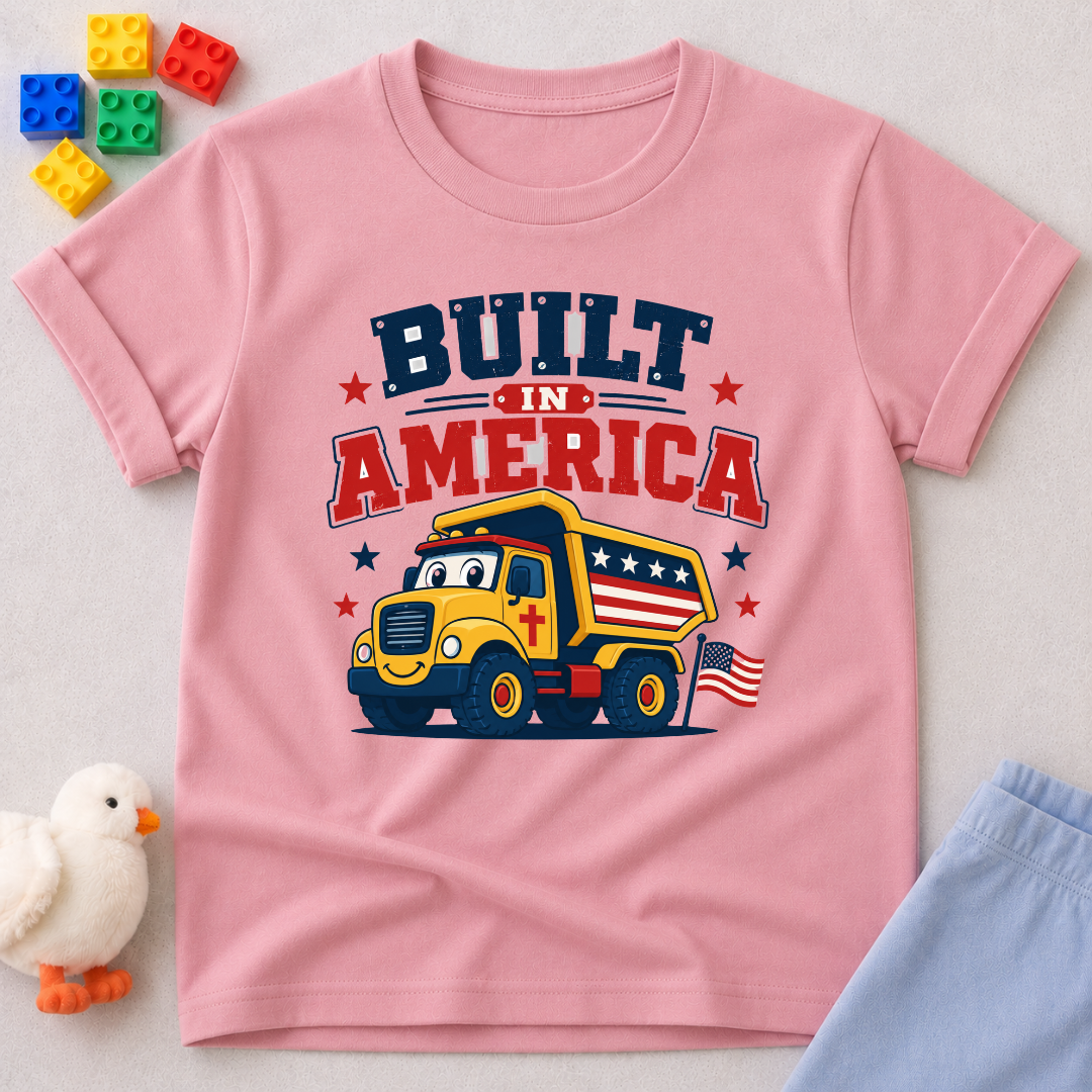 Built in America Truck Shirt Christian kids shirt in pink featuring a patriotic construction truck
