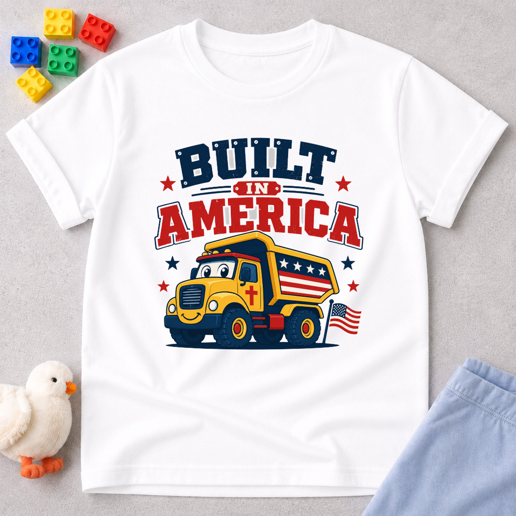 Built in America Truck Shirt Christian kids shirt in white featuring a patriotic construction truck

