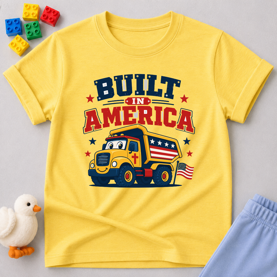 Built in America Truck Shirt Christian kids shirt in yellow featuring a patriotic construction truck
