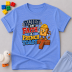 Built on Faith and French Toast Christian kids shirt in blue featuring a smiling French toast character with construction theme
