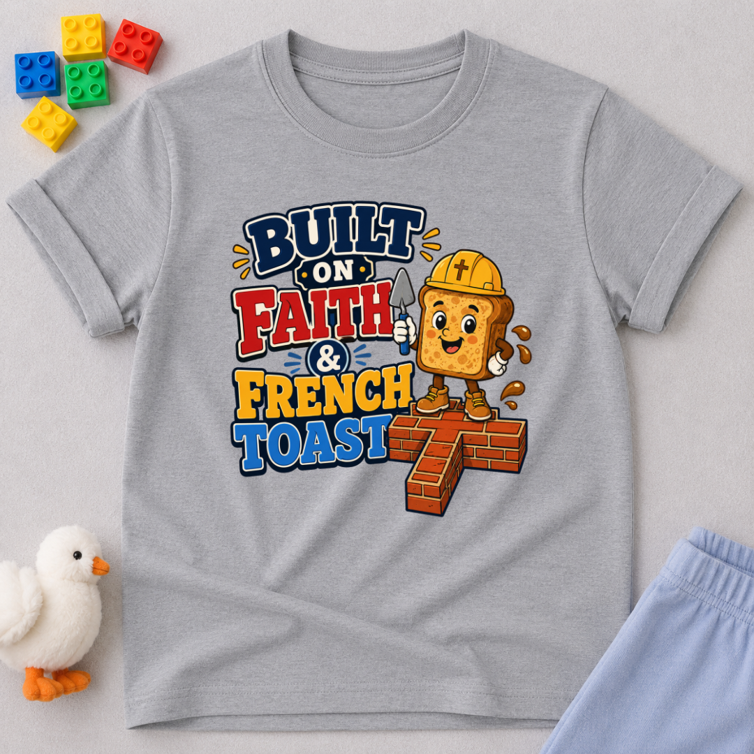 Built on Faith and French Toast Christian kids shirt in gray featuring a smiling French toast character with construction theme
