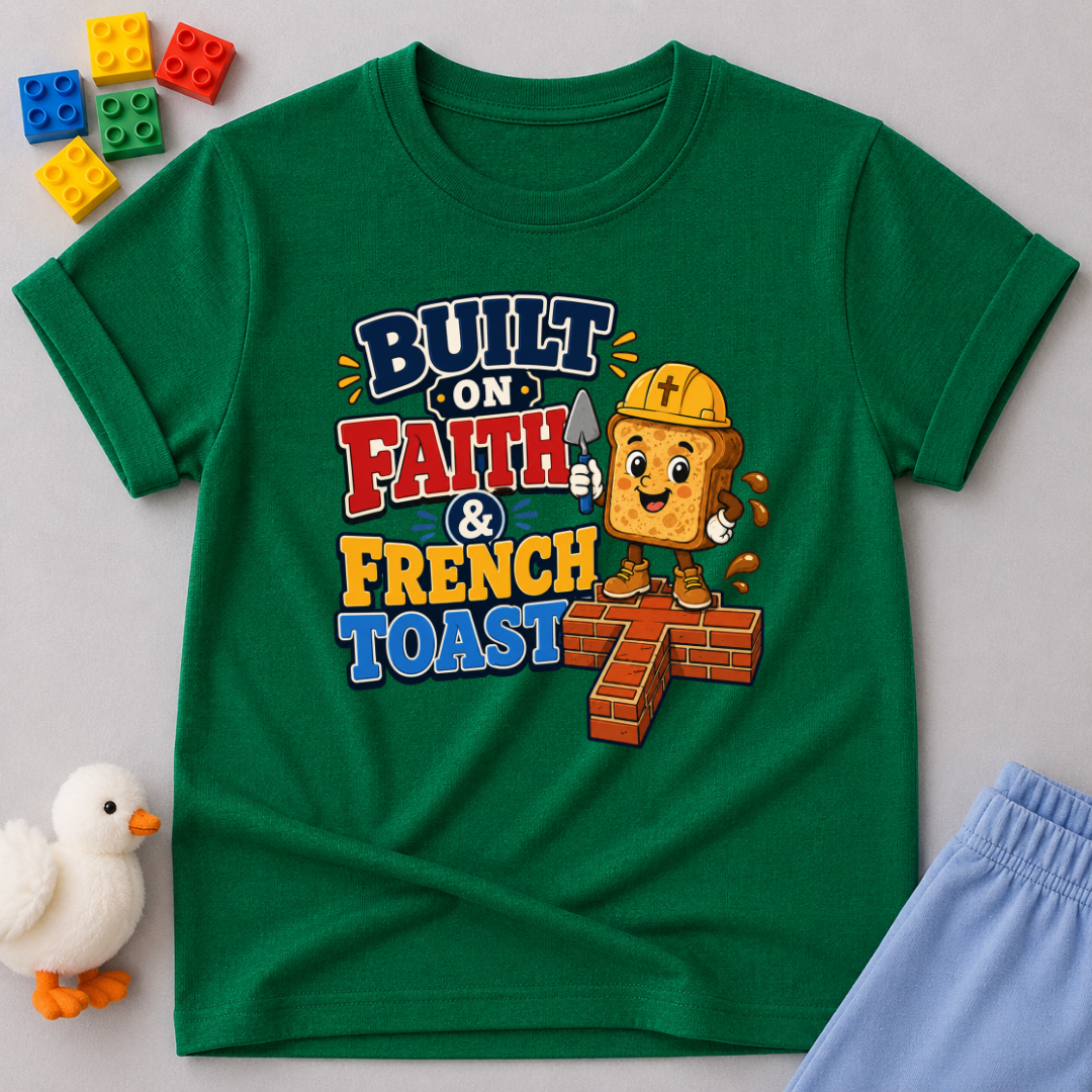Built on Faith and French Toast Christian kids shirt in green featuring a smiling French toast character with construction theme
