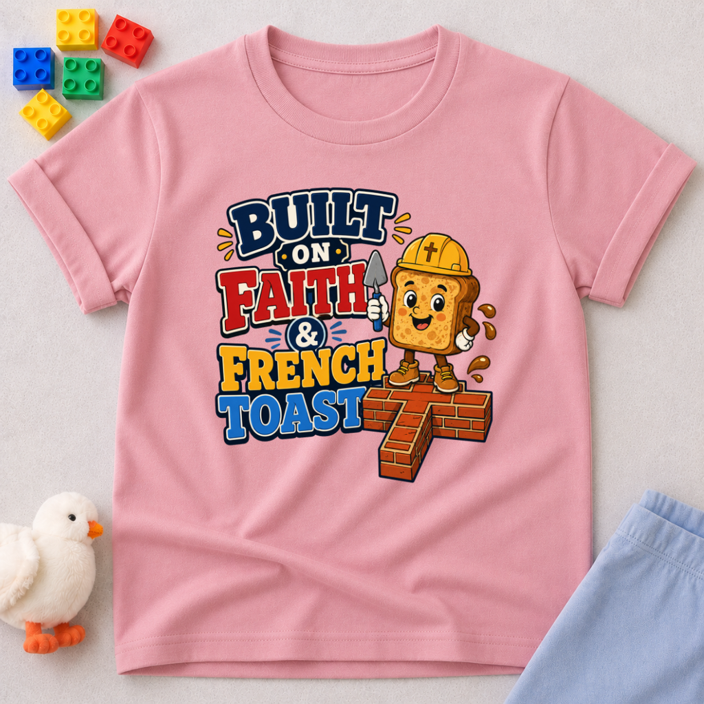 Built on Faith and French Toast Christian kids shirt in pink featuring a smiling French toast character with construction theme
