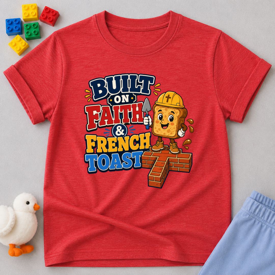Built on Faith and French Toast Christian kids shirt in red featuring a smiling French toast character with construction theme
