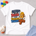 Built on Faith and French Toast Christian kids shirt in white featuring a smiling French toast character with construction theme

