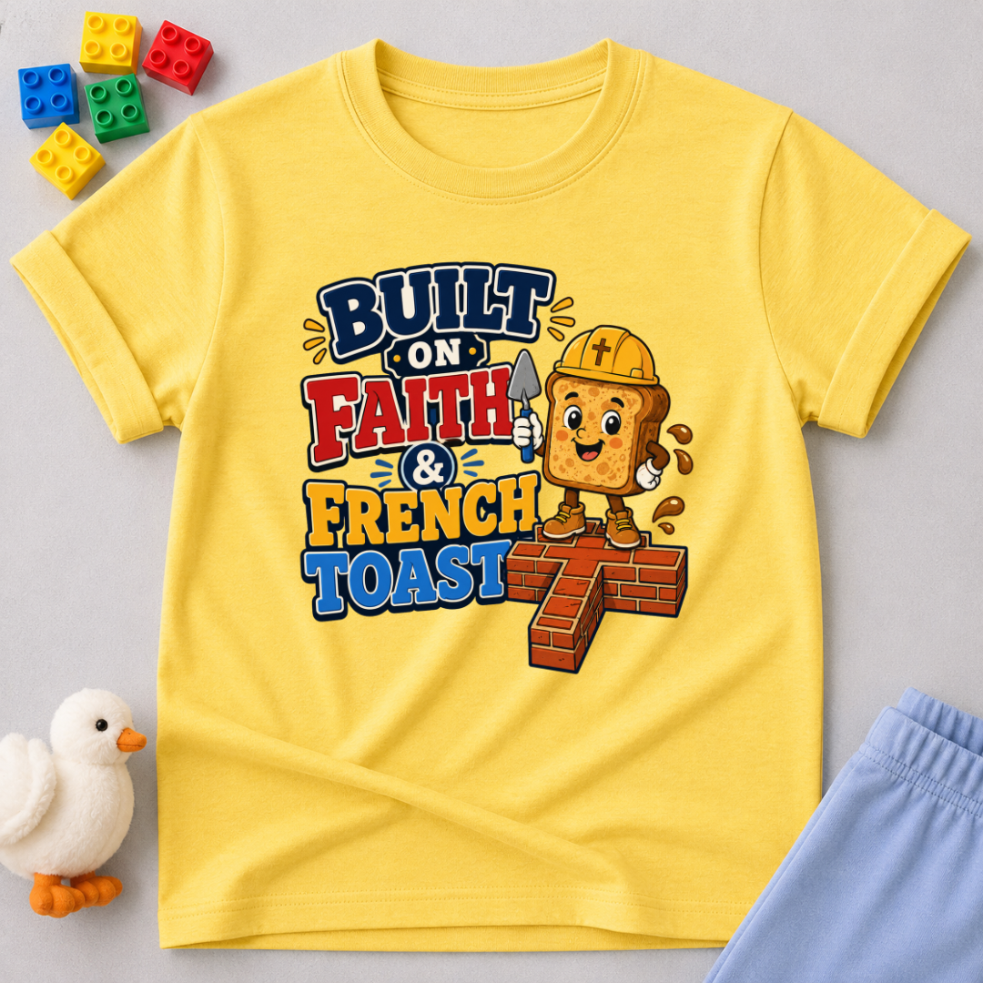 Built on Faith and French Toast Christian kids shirt in yellow featuring a smiling French toast character with construction theme
