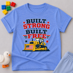 Built Strong Built Free Shirt Christian kids shirt in blue featuring a patriotic construction vehicle
