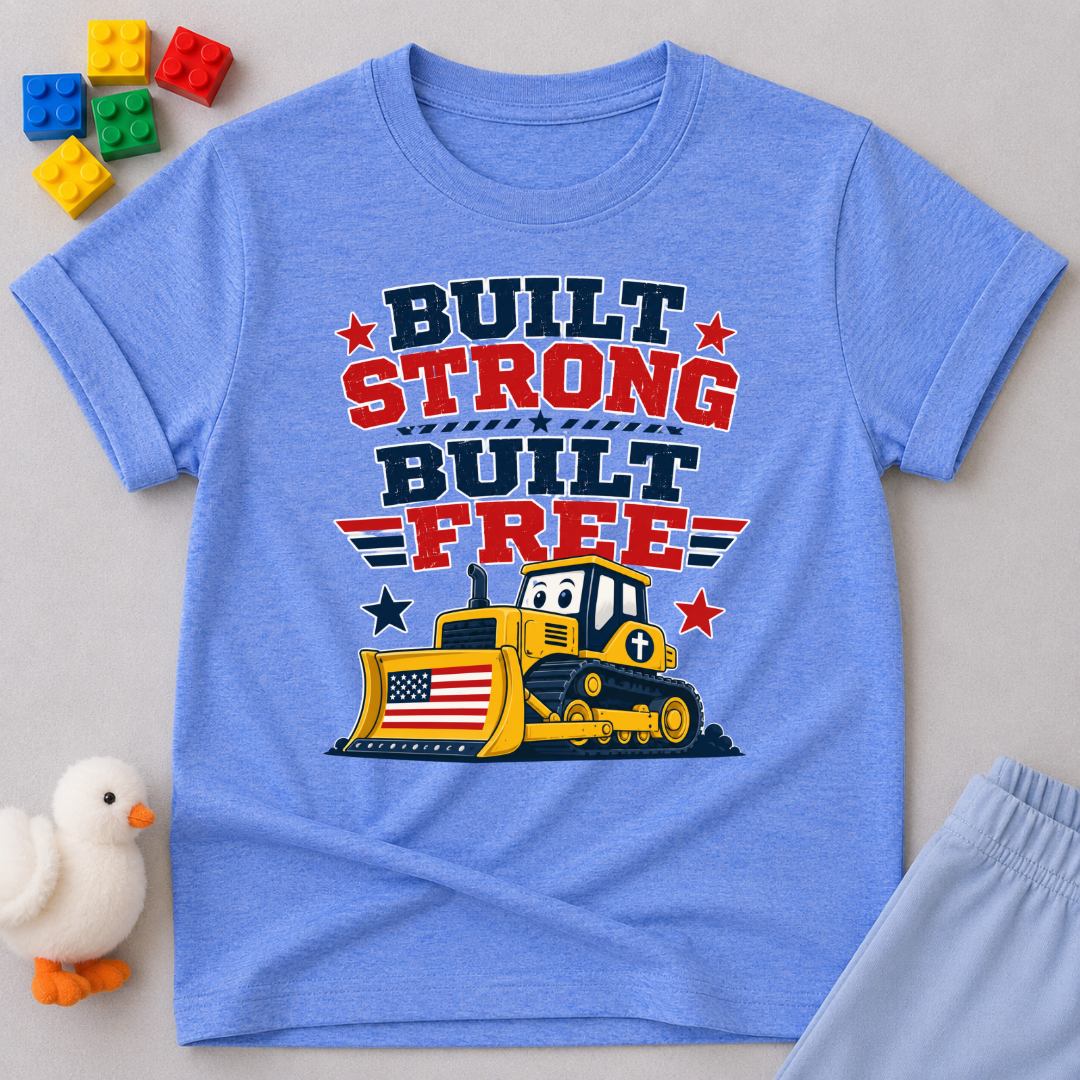Built Strong Built Free Shirt Christian kids shirt in blue featuring a patriotic construction vehicle
