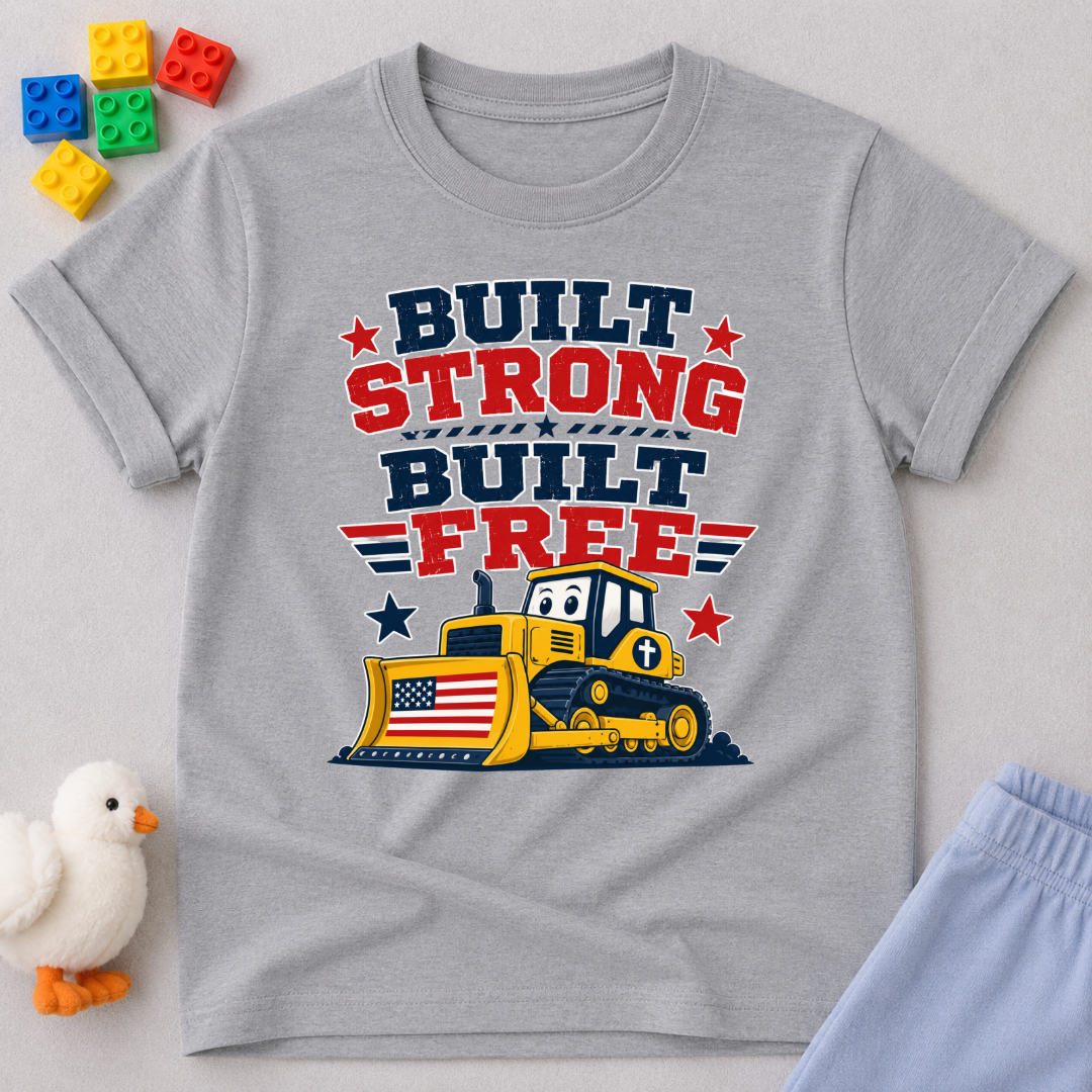 Built Strong Built Free Shirt Christian kids shirt in gray featuring a patriotic construction vehicle
