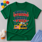 Built Strong Built Free Shirt Christian kids shirt in green featuring a patriotic construction vehicle
