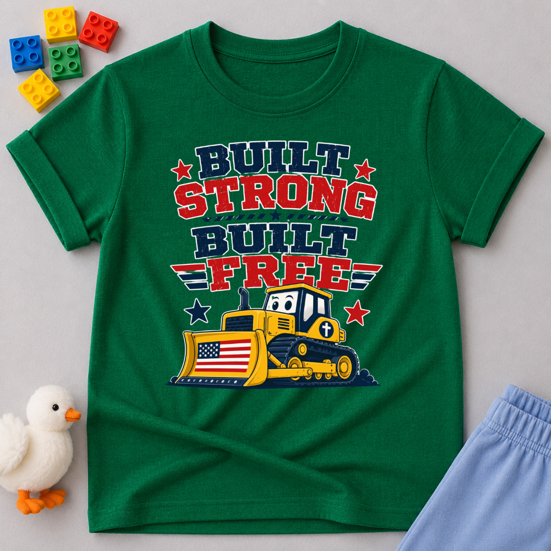 Built Strong Built Free Shirt Christian kids shirt in green featuring a patriotic construction vehicle
