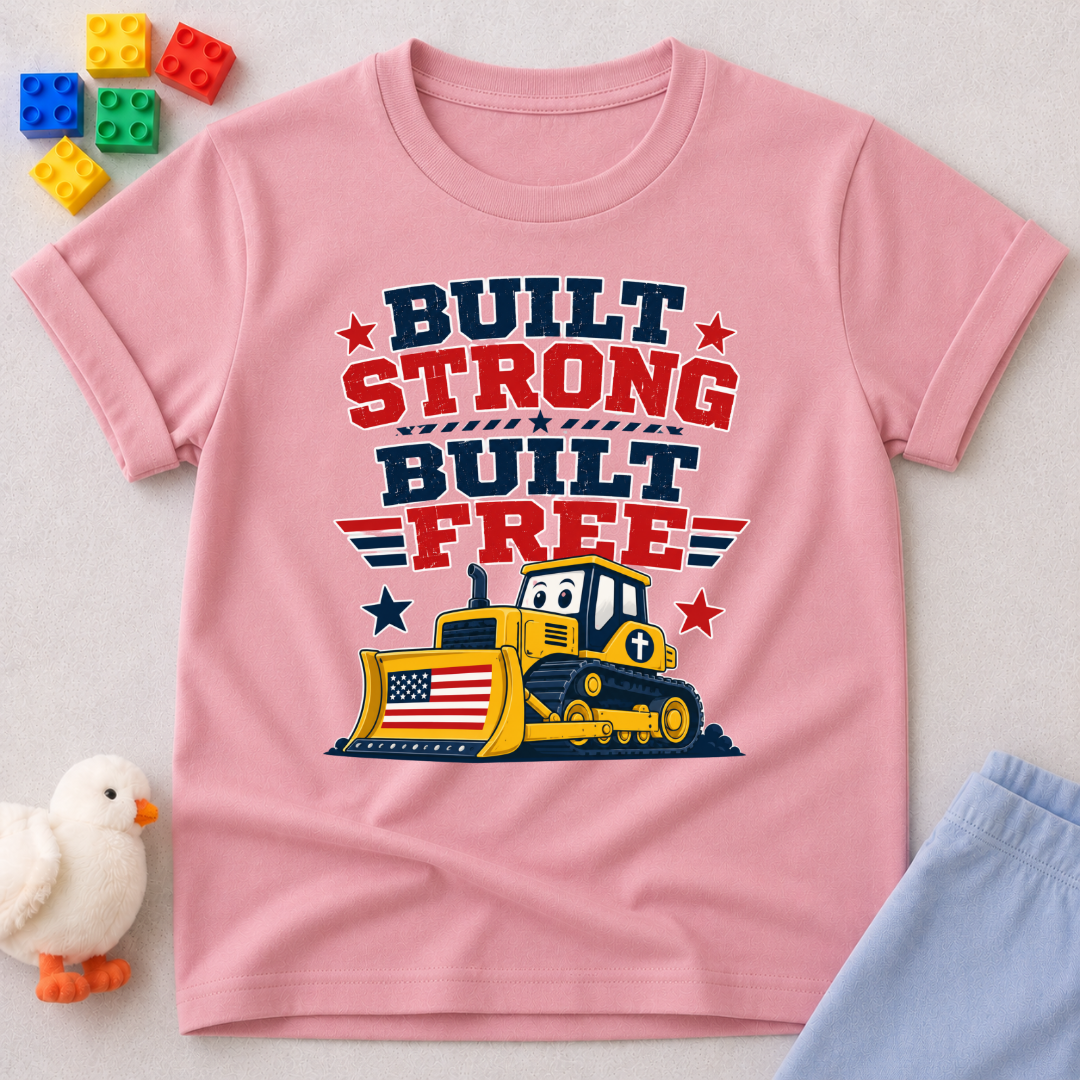 Built Strong Built Free Shirt Christian kids shirt in pink featuring a patriotic construction vehicle

