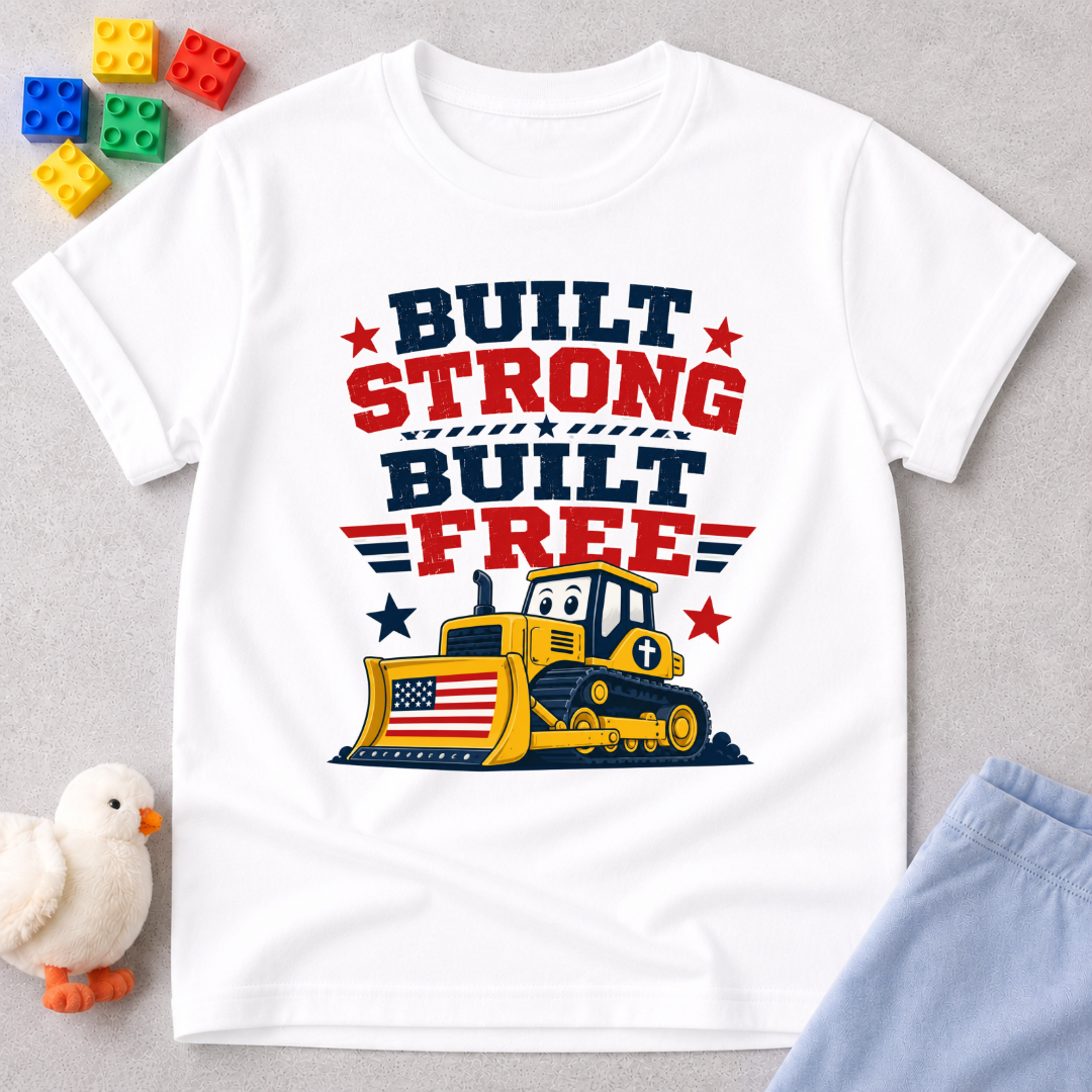 Built Strong Built Free Shirt Christian kids shirt in white featuring a patriotic construction vehicle
