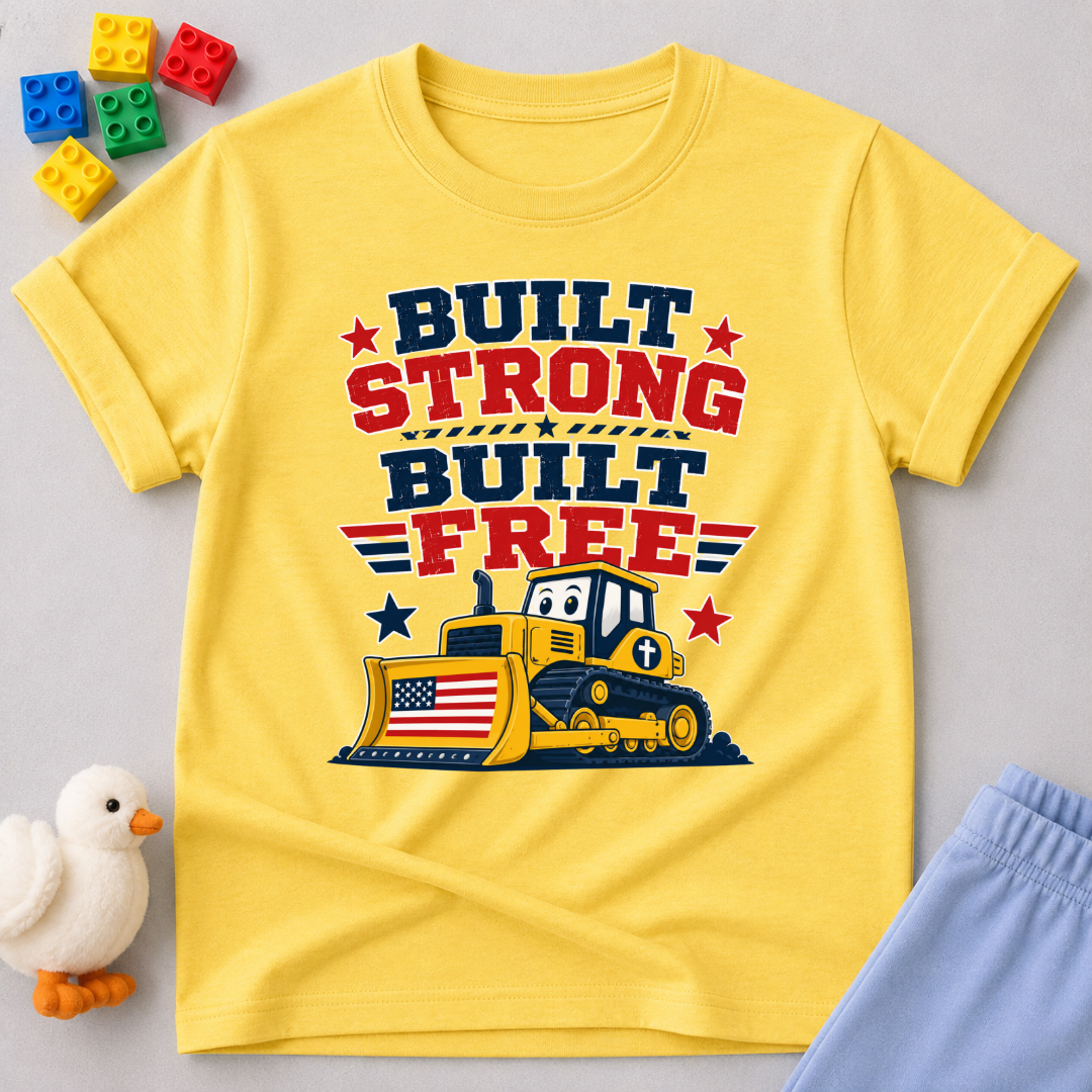 Built Strong Built Free Shirt Christian kids shirt in yellow featuring a patriotic construction vehicle
