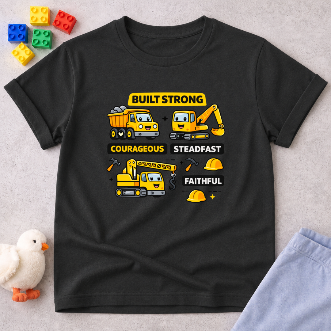 Built Strong Faith Shirt Christian kids shirt in Black featuring construction vehicles and character-building values