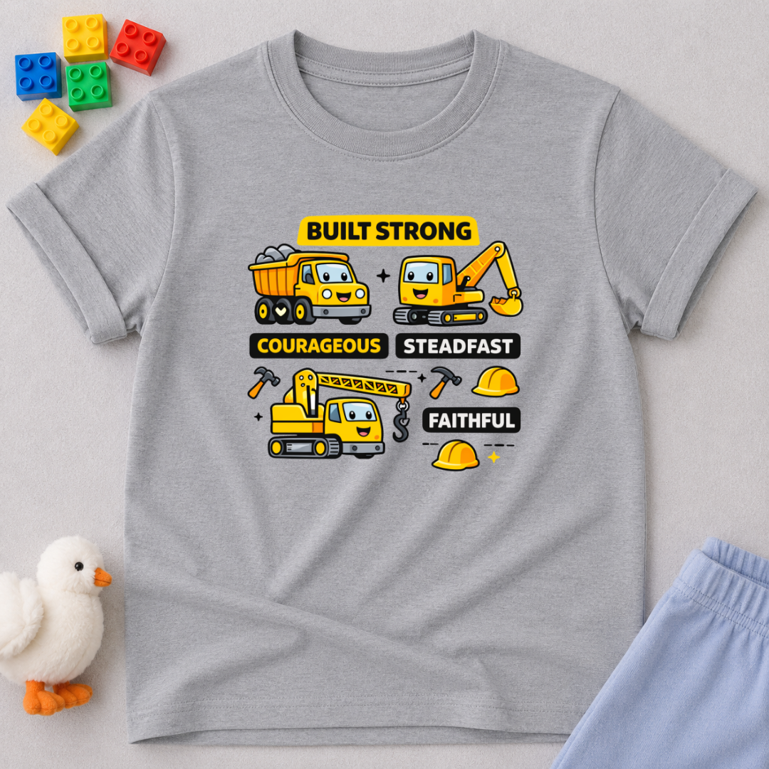 Built Strong Faith Shirt Christian kids shirt in Gray featuring construction vehicles and character-building values