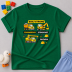 Built Strong Faith Shirt Christian kids shirt in Green featuring construction vehicles and character-building values