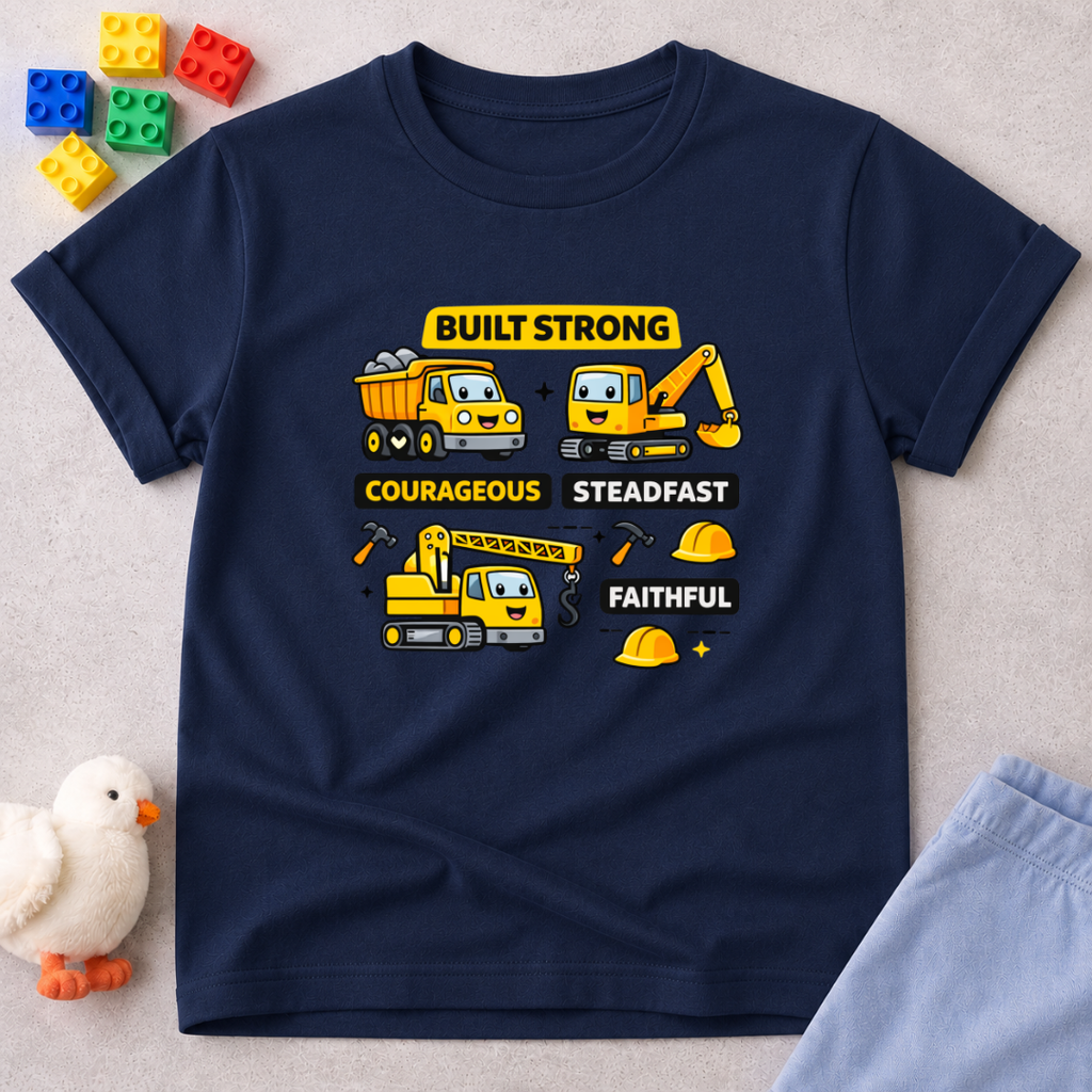 Built Strong Faith Shirt Christian kids shirt in Navy featuring construction vehicles and character-building values