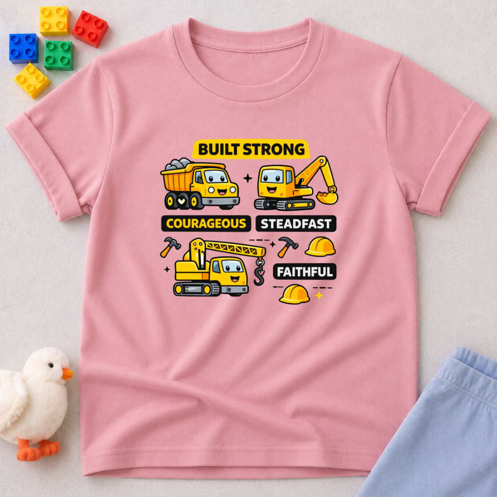 Built Strong Faith Shirt Christian kids shirt in Pink featuring construction vehicles and character-building values
