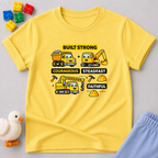 Built Strong Faith Shirt Christian kids shirt in Yellow featuring construction vehicles and character-building values