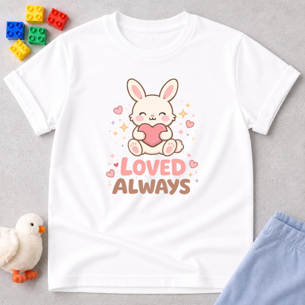 Bunny Loved Forever Christian kids shirt in White featuring a cute bunny and affirmation design