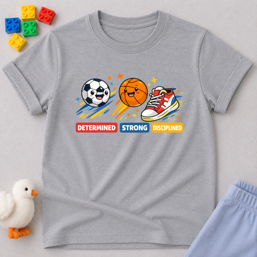 Champions Character Builder Christian kids shirt in Gray featuring sports icons and positive character-building values