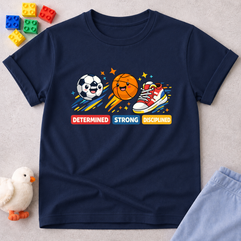 Champions Character Builder Christian kids shirt in Navy featuring sports icons and positive character-building values