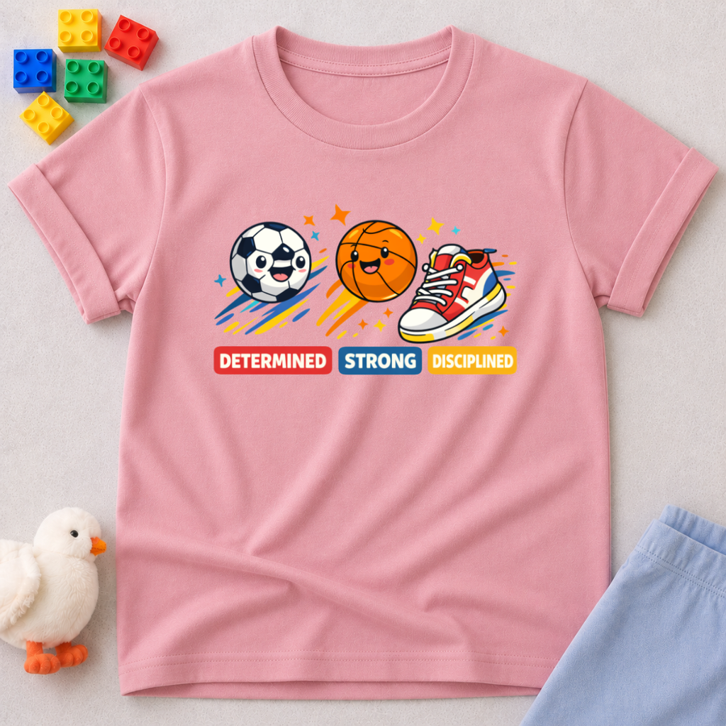 Champions Character Builder Christian kids shirt in Pink featuring sports icons and positive character-building values