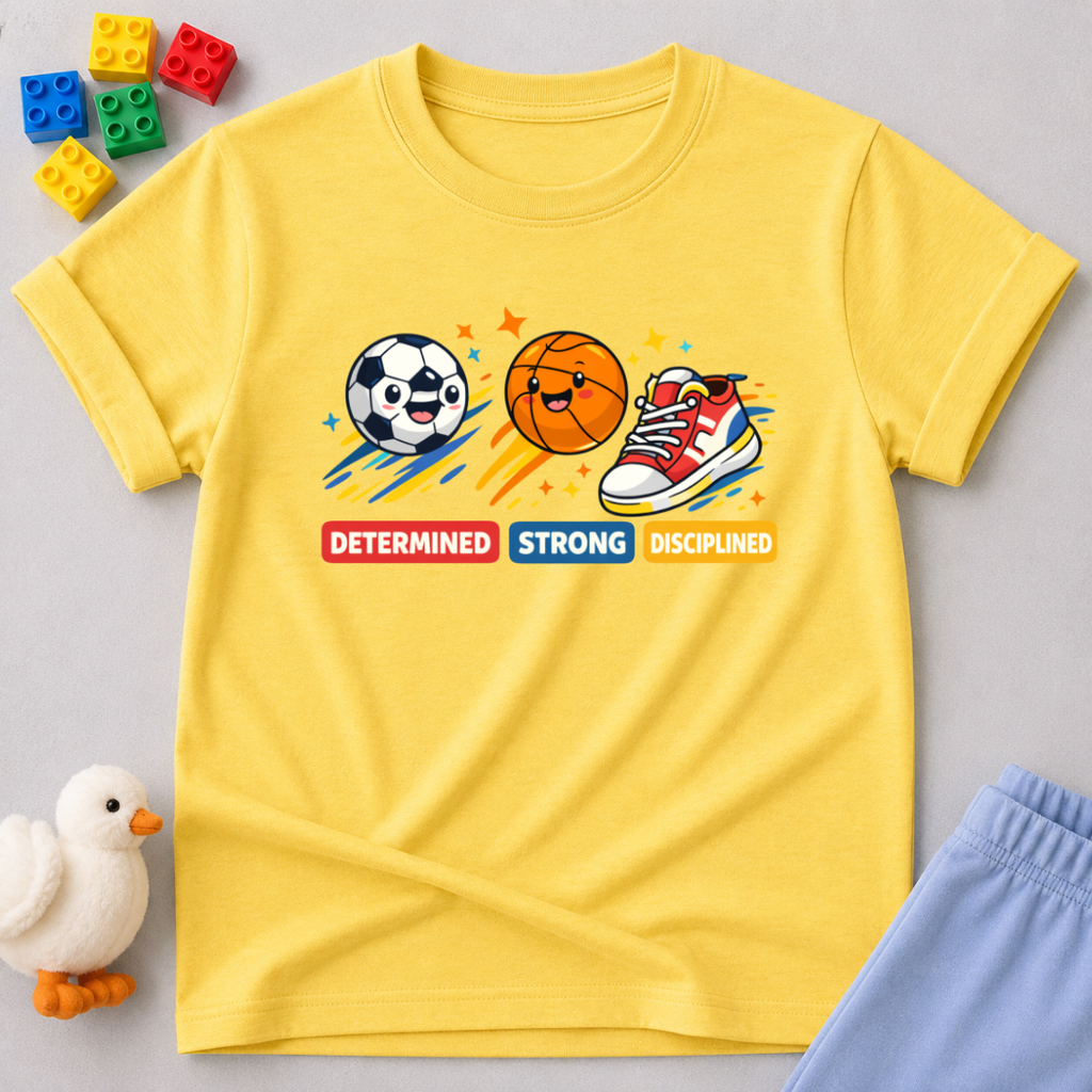 Champions Character Builder Christian kids shirt in Yellow featuring sports icons and positive character-building values
