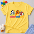 Champions Character Builder Christian kids shirt in Yellow featuring sports icons and positive character-building values