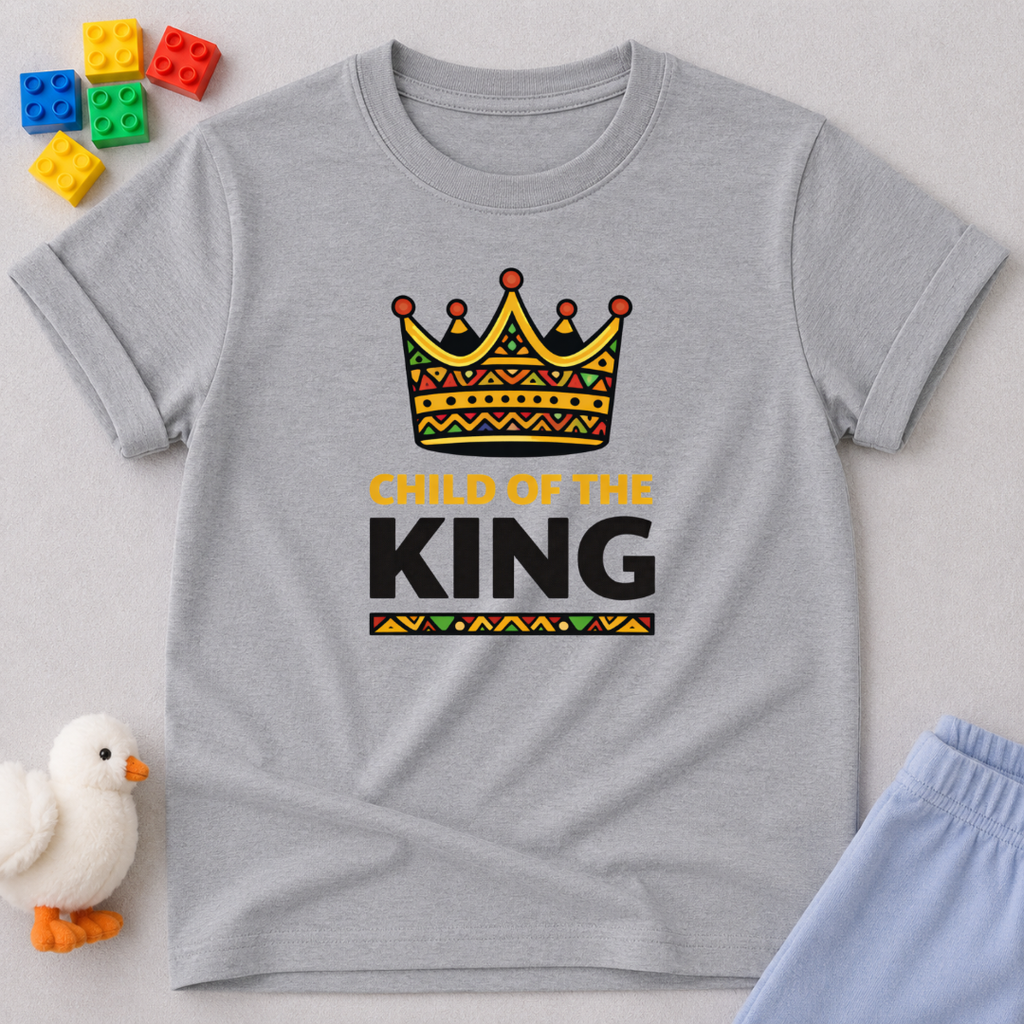 Child of the King Shirt Christian kids shirt in Gray featuring a crown and biblical identity message