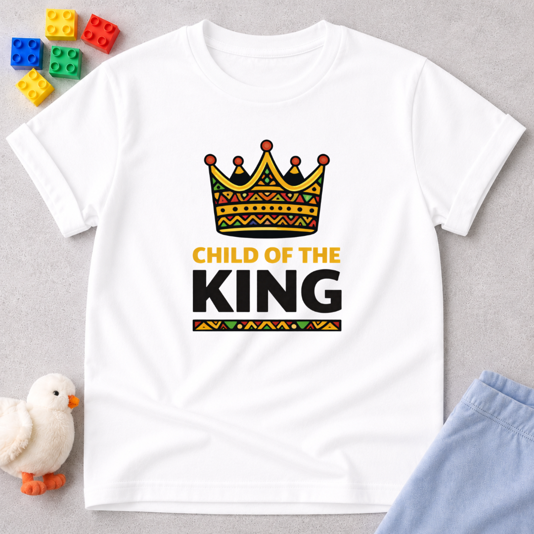 Child of the King Shirt Christian kids shirt in White featuring a crown and biblical identity message