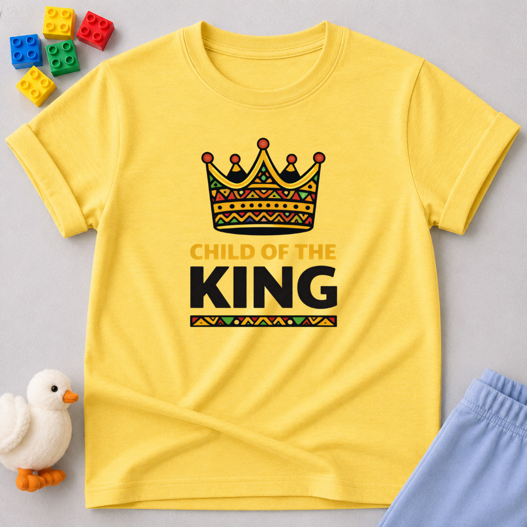 Child of the King Shirt Christian kids shirt in Yellow featuring a crown and biblical identity message
