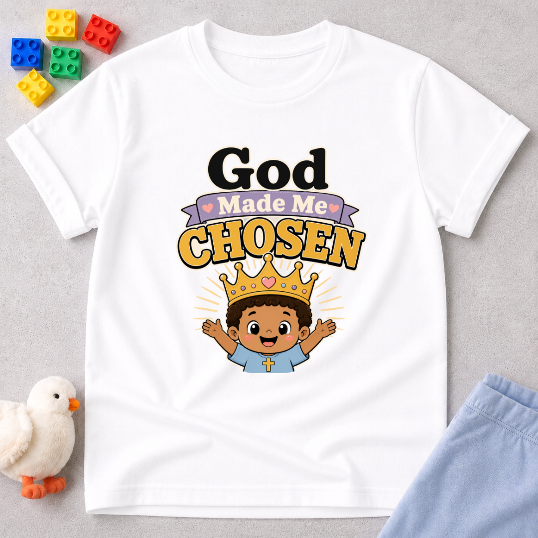 Chosen Crown Faith Shirt Christian kids shirt in white featuring a crown and chosen by God message
