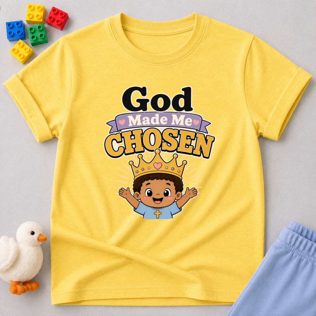 Chosen Crown Faith Shirt Christian kids shirt in yellow featuring a crown and chosen by God message

