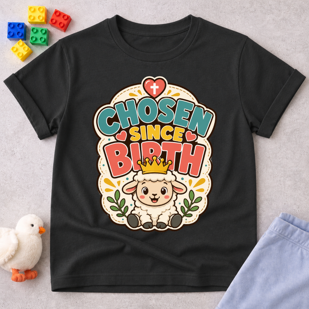 Chosen Since Birth Christian kids shirt in black featuring a smiling lamb surrounded by flowers
