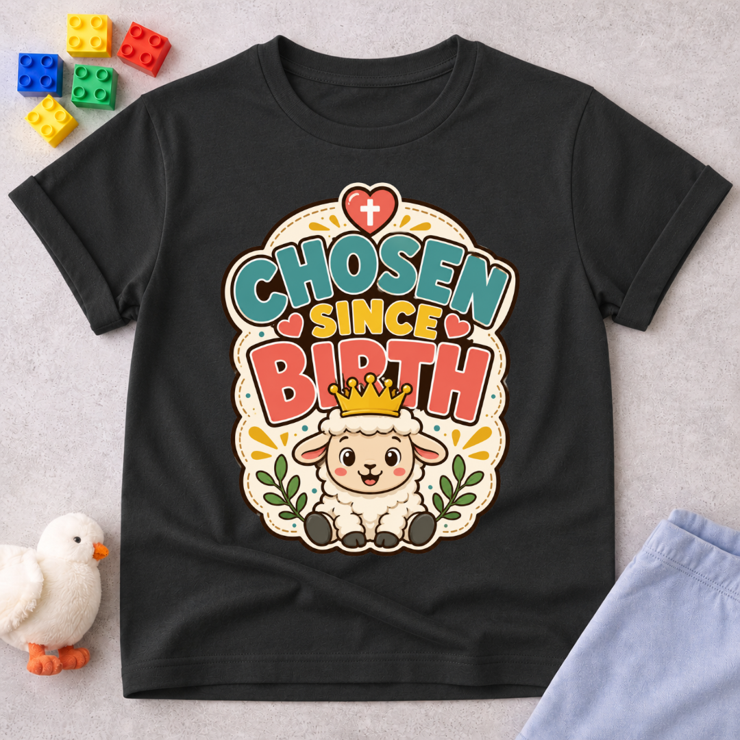 Chosen Since Birth Christian kids shirt in black featuring a smiling lamb surrounded by flowers
