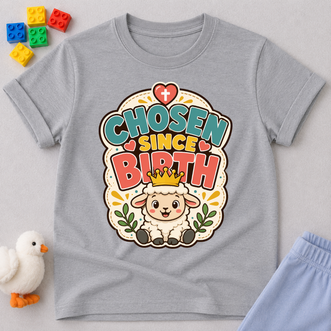 Chosen Since Birth Christian kids shirt in gray featuring a smiling lamb surrounded by flowers

