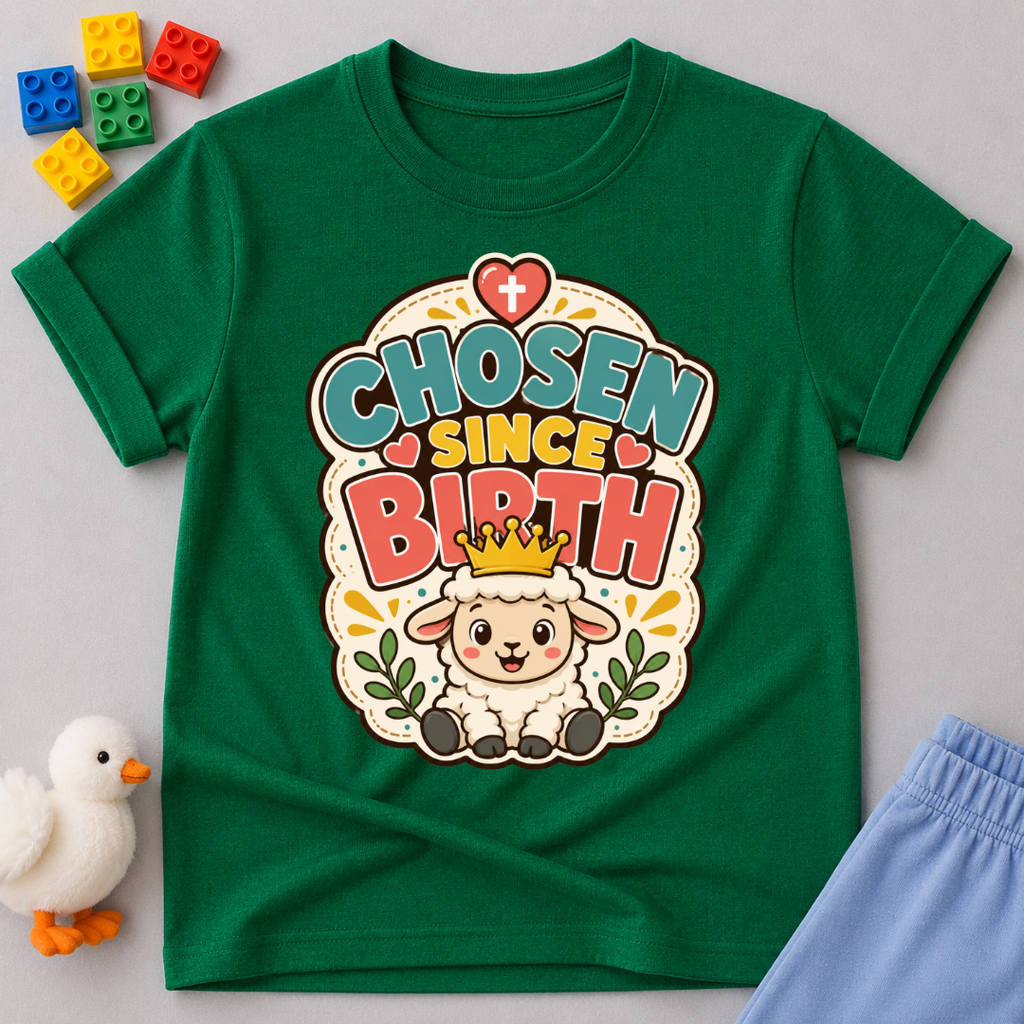 Chosen Since Birth Christian kids shirt in green featuring a smiling lamb surrounded by flowers

