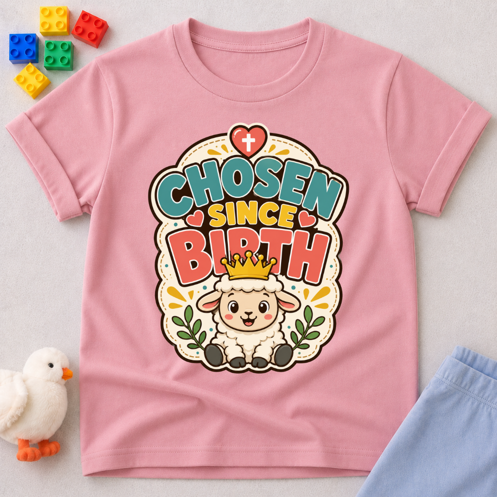 Chosen Since Birth Christian kids shirt in pink featuring a smiling lamb surrounded by flowers
