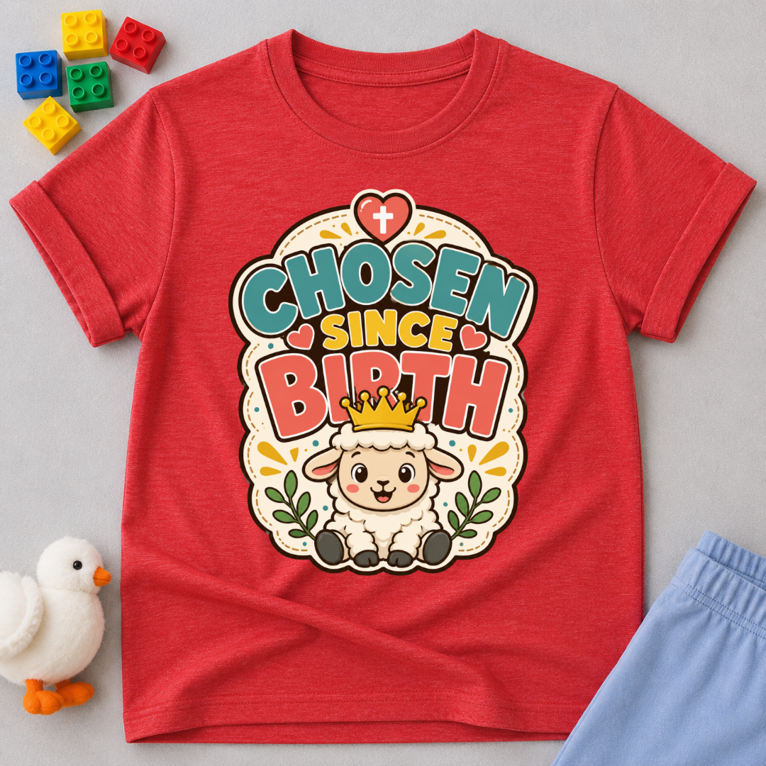 Chosen Since Birth Christian kids shirt in red featuring a smiling lamb surrounded by flowers
