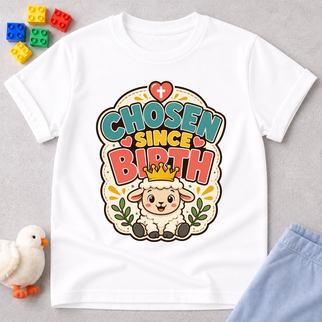 Chosen Since Birth Christian kids shirt in white featuring a smiling lamb surrounded by flowers
