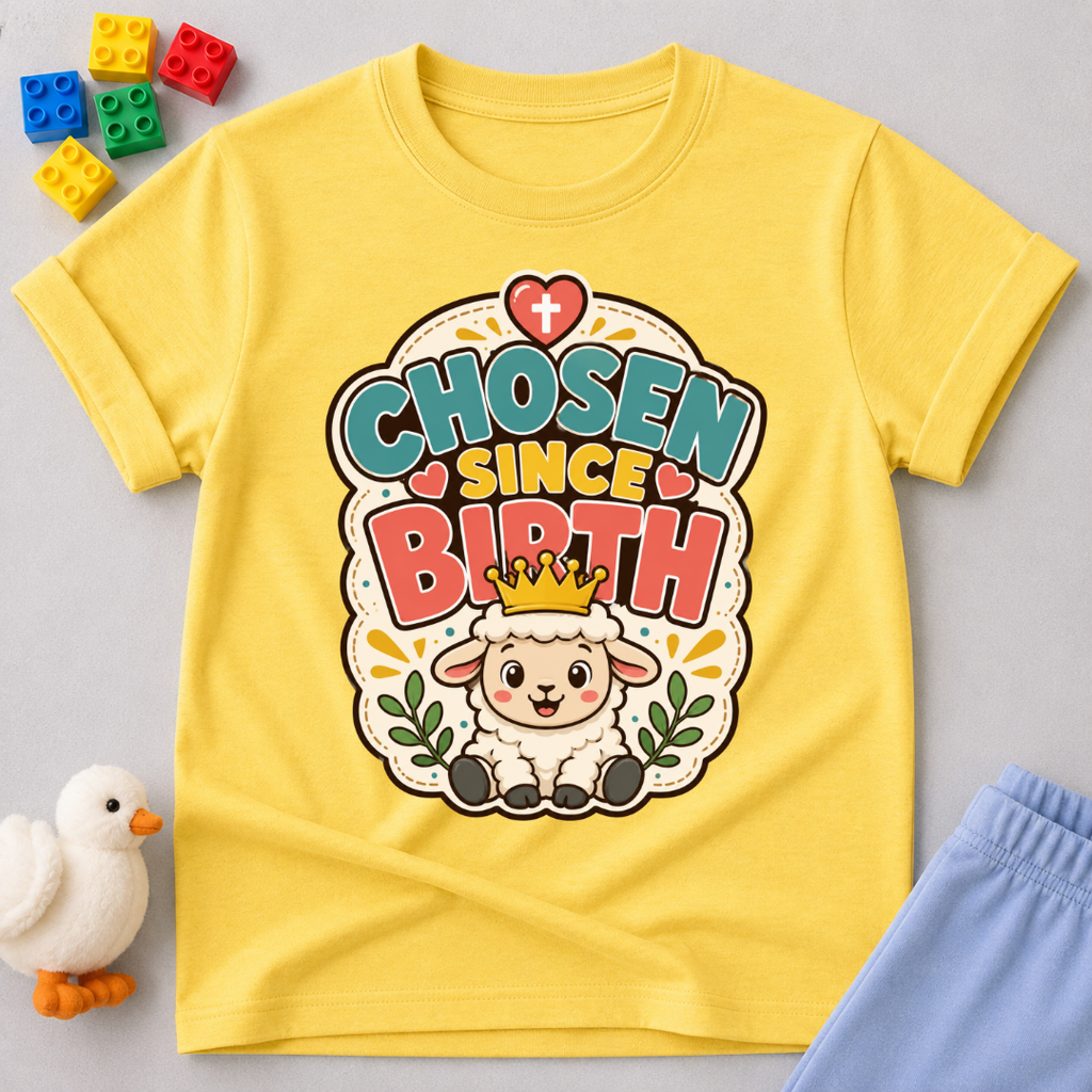 Chosen Since Birth Christian kids shirt in yellow featuring a smiling lamb surrounded by flowers
