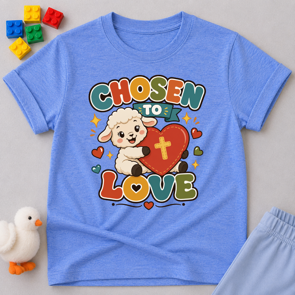 Chosen to Love Christian kids shirt in blue featuring a smiling lamb hugging a heart
