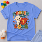 Chosen to Love Christian kids shirt in blue featuring a smiling lamb hugging a heart
