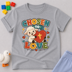 Chosen to Love Christian kids shirt in gray featuring a smiling lamb hugging a heart
